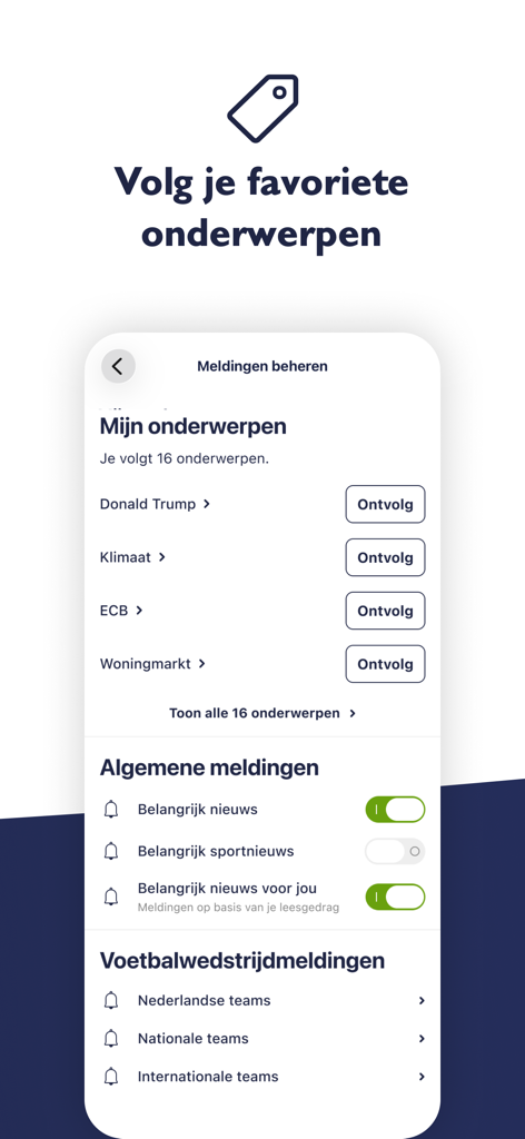 NU.nl - Pantalla de la aplicación NU.nl para administrar notificaciones personalizadas de noticias y deportes.