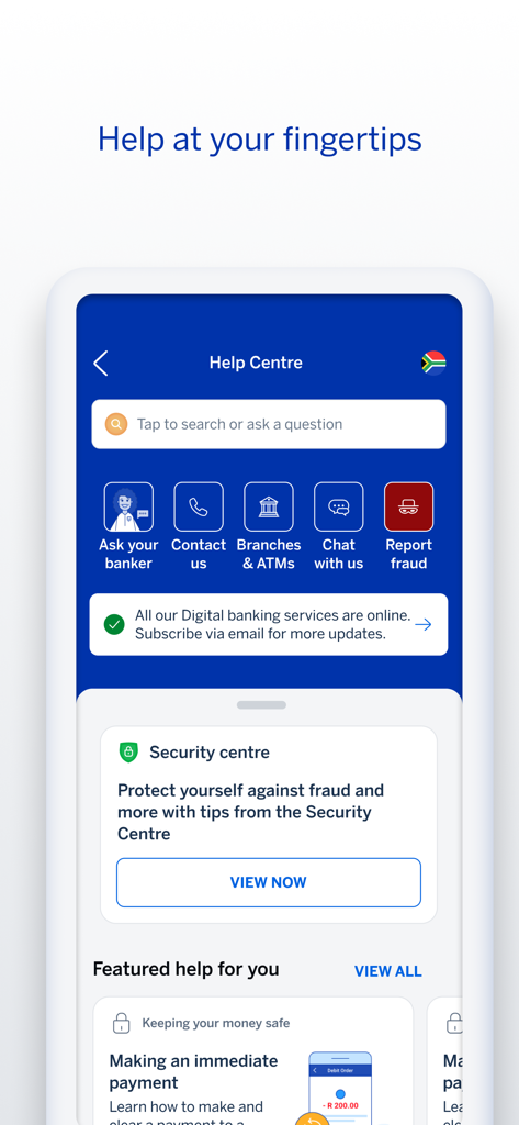 Screenshot des Hilfezentrums der Standard Bank App mit Kundensupport und Sicherheitstools
