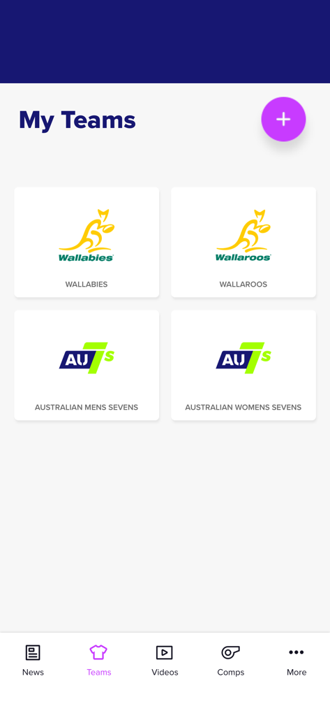 Rugby Xplorer app interface showing the My Teams section with logos for the Wallabies Wallaroos and Australian Sevens teams