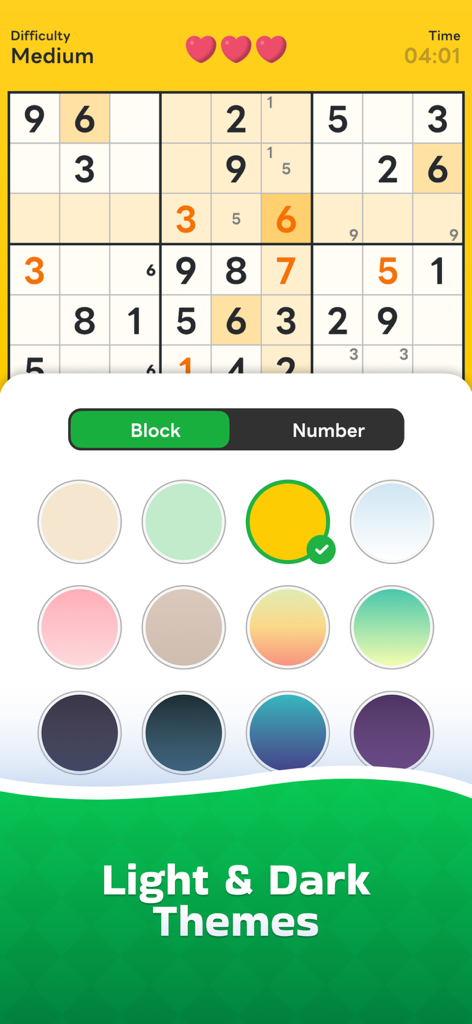 Sudoku Now! - Interfaz de la aplicación Sudoku Ahora mostrando varias opciones de temas de color claro y oscuro para el tablero de puzzles