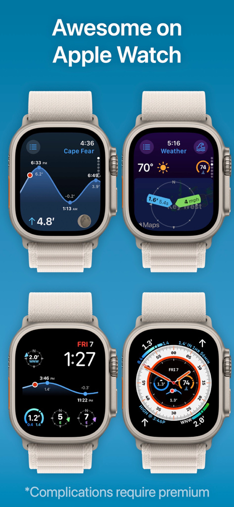 TidesPro: Tide Charts & Tables - TidesPro app interface on four Apple Watch faces displaying tide charts and marine weather data