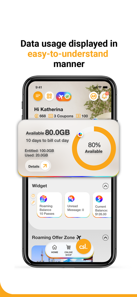csl. - csl mobile app dashboard displaying data usage statistics and available balance