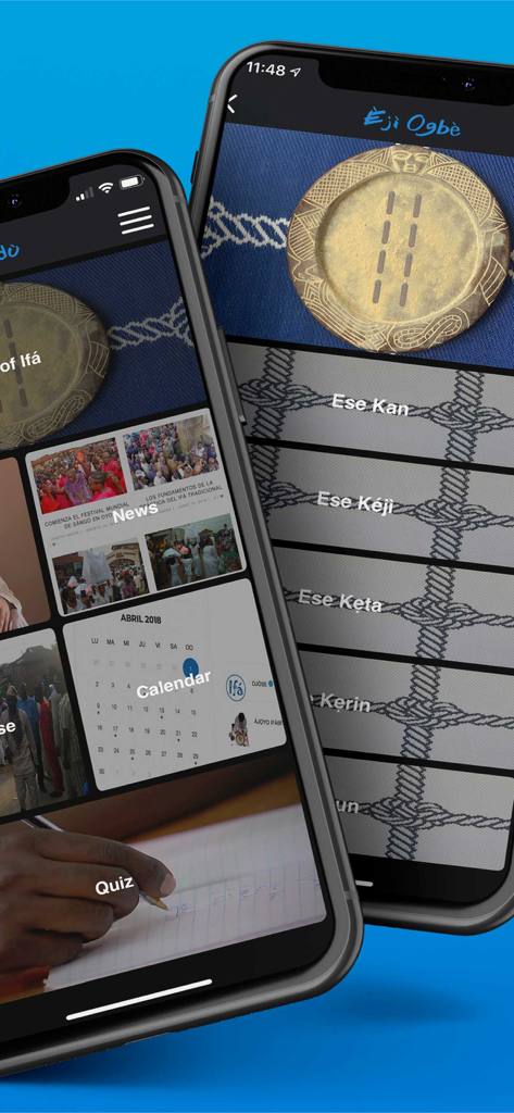 Ojú Odù - Mobile screens of Oju Odu app displaying Ifa verses, calendar, and educational quiz.