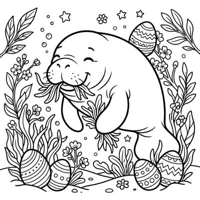 Celebrate Easter with an enchanting underwater scene featuring a delightful manatee enjoying a seaweed meal. This charming coloring page blends aquatic wonder with festive holiday cheer, perfect for a relaxing creative session.