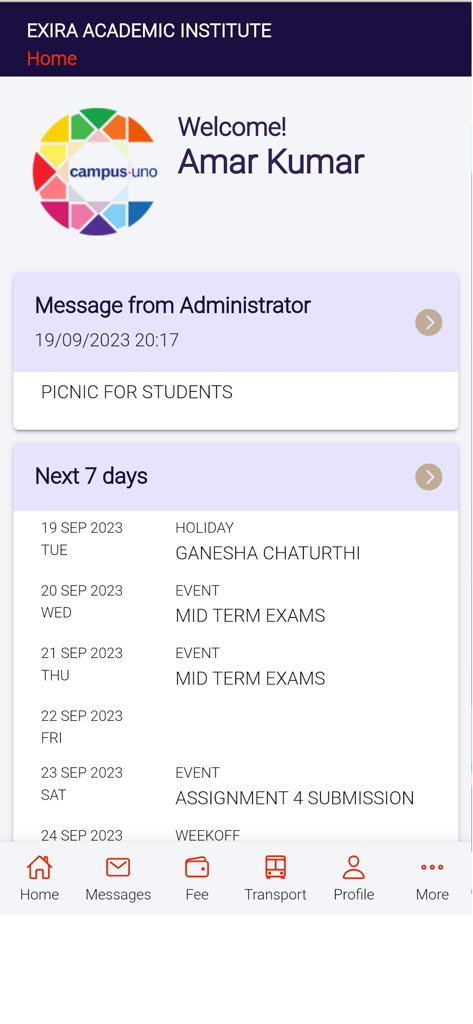 campus.uno - Home screen of campus.uno app showing a student personalized welcome message, school notifications, and a weekly academic calendar