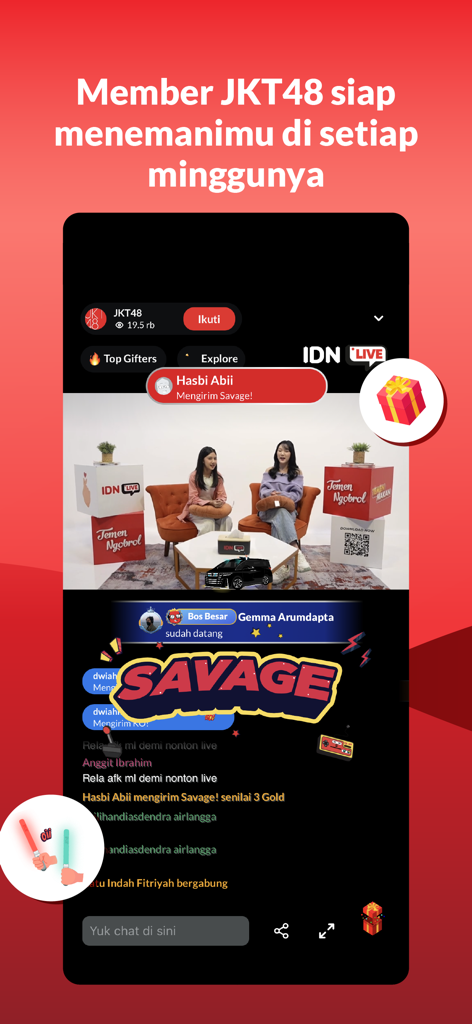 A mobile live streaming interface on the IDN App featuring JKT48 members with interactive chat and virtual gift animations