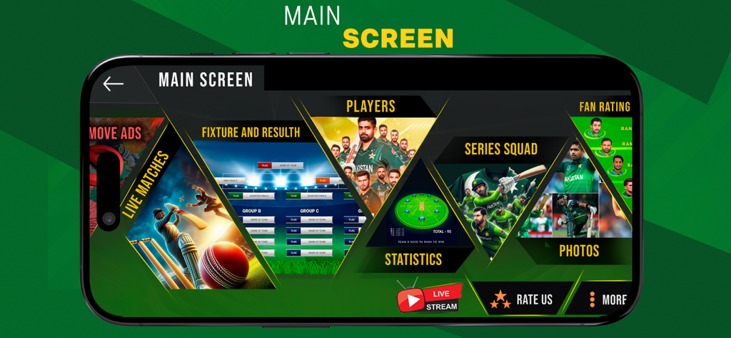 PTV Live Sports Cricket TV - Main screen interface of the PTV Live Sports Cricket TV app with navigation tiles for live matches and players