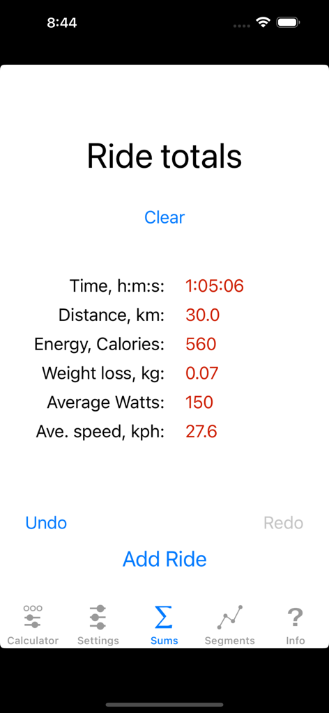 Bike Calculator Pro app screen showing a summary of ride metrics including time distance calories and average watts