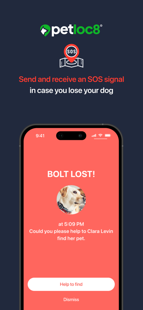 Petloc8 - Petloc8 App-Oberfläche, die einen SOS-Signalalarm für einen verlorenen Hund namens Bolt mit einer Bitte um Hilfe aus der Community anzeigt