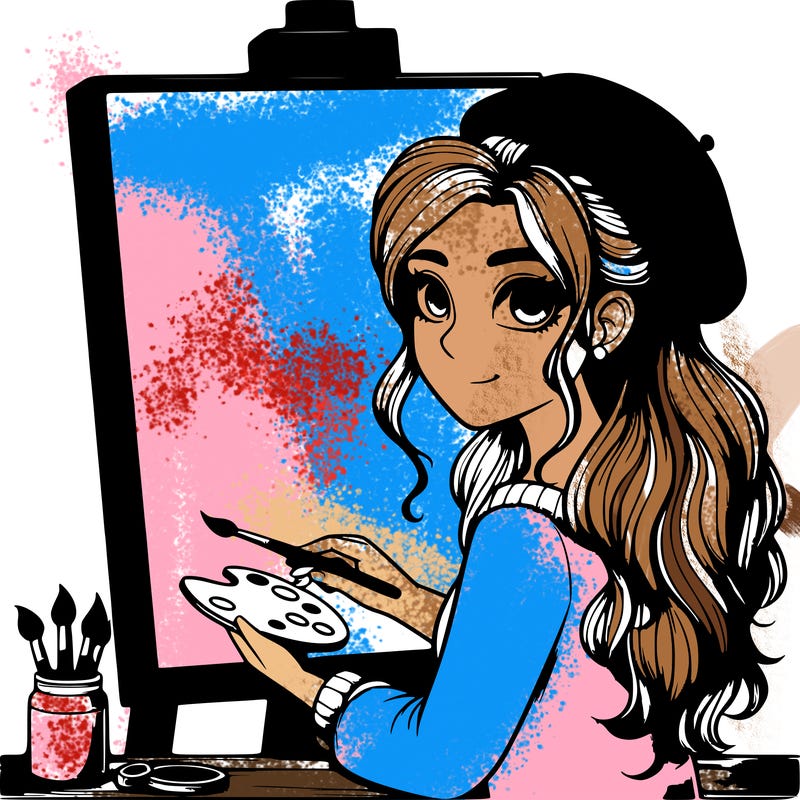 realistic girl artist painting a blank canvas