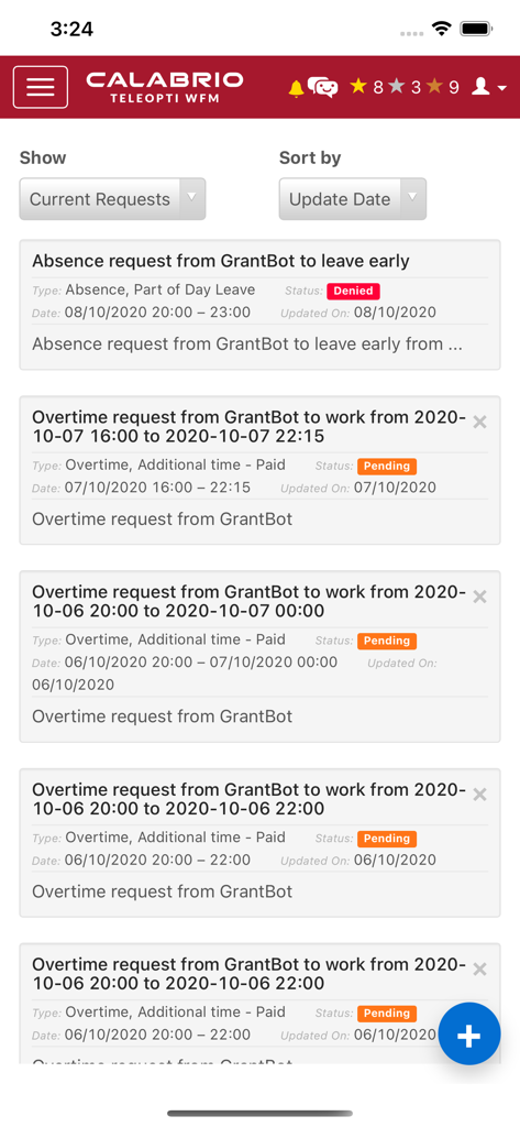 Mobile dashboard of Calabrio WFM MyTime app showing a list of employee absence and overtime requests with status updates