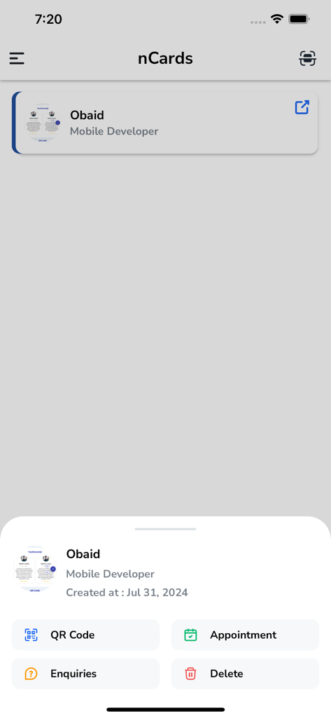 nCard - nCard App-Oberfläche, die ein digitales Visitenkartenprofil mit Optionen für QR-Code und Termine anzeigt