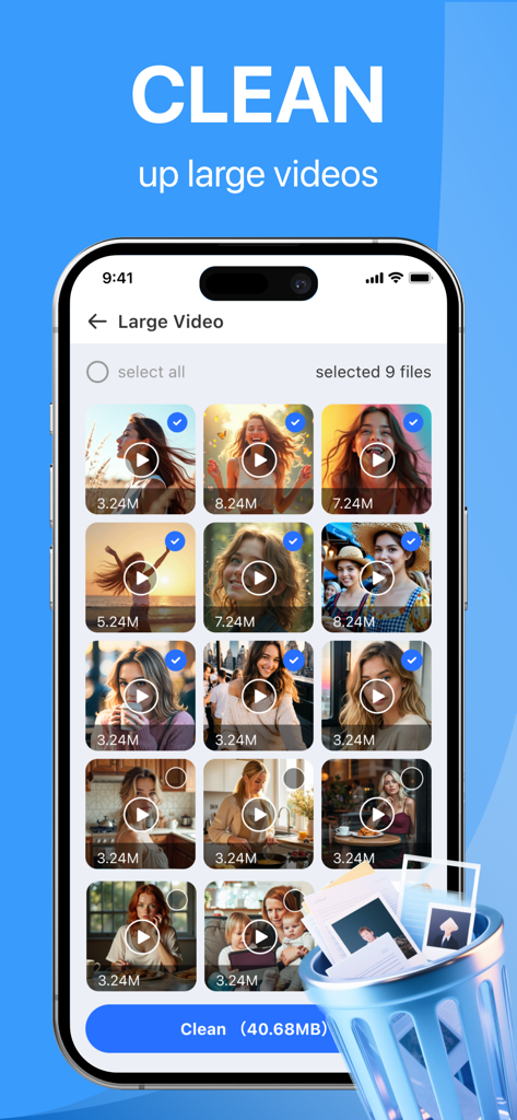 Puro Clean-AI Storage Cleaner - Interfaz de Puro Clean AI Storage Cleaner mostrando videos grandes seleccionados para eliminar y optimizar el almacenamiento del iPhone.
