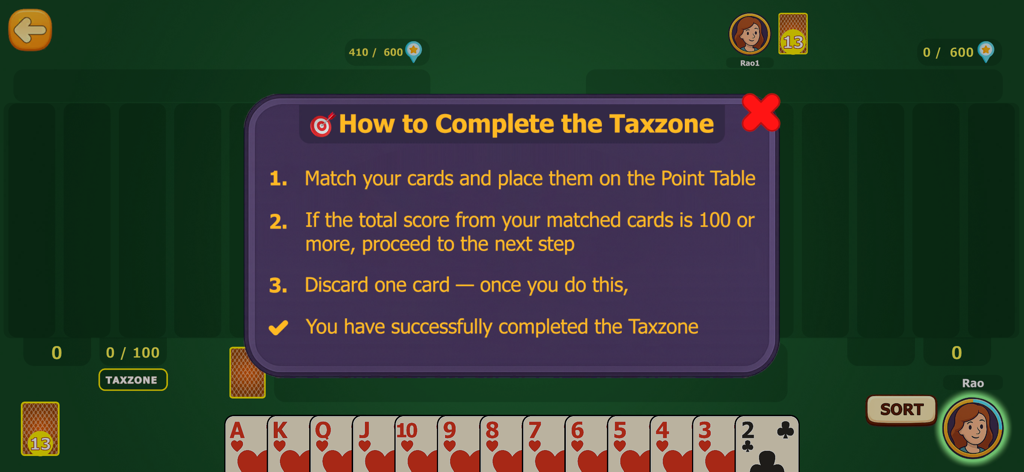Bukharo - A tutorial popup in the Bukharo card game explaining how to complete the Taxzone mechanic.