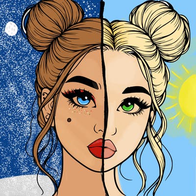 realistic girl with two buns on her hair and lips