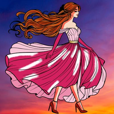 realistic woman in a dress flowing in the wind