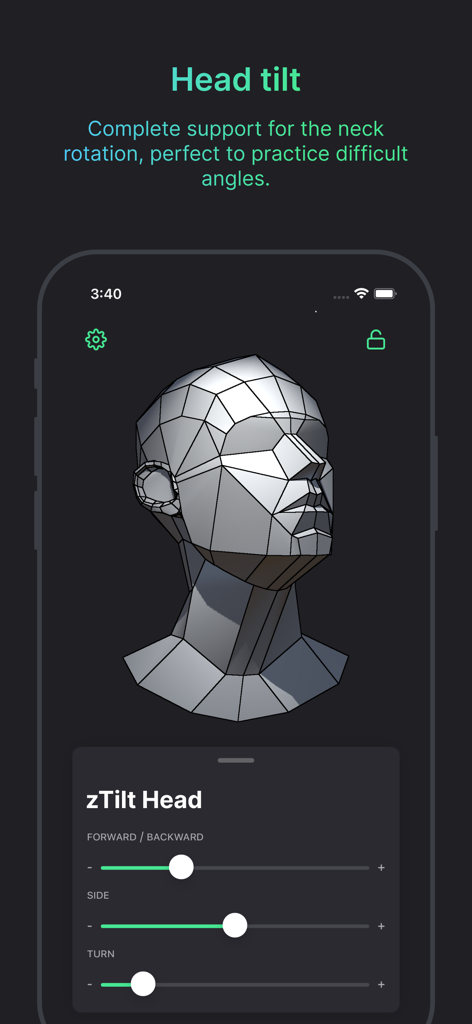 Head Model Studio - Art Study - Interface showing 3D head model with adjustable neck rotation and tilt sliders for art study