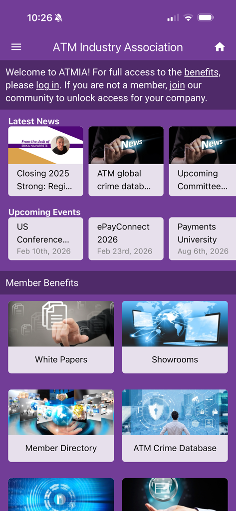 ATMIA - ATMIA app home screen showing news upcoming events and member benefits