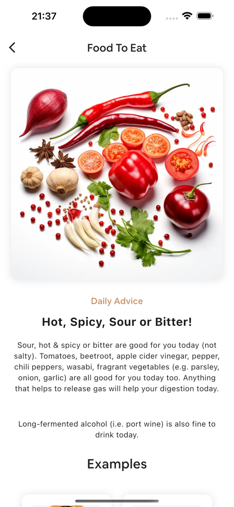 Screenshot of Aur la Vie app providing daily astrology food advice featuring spicy red vegetables