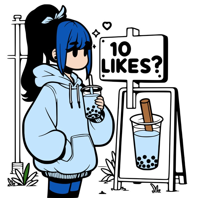 girl with oversized hoodie drinking boba and she has a high ponytail with a sign that says 10likes?