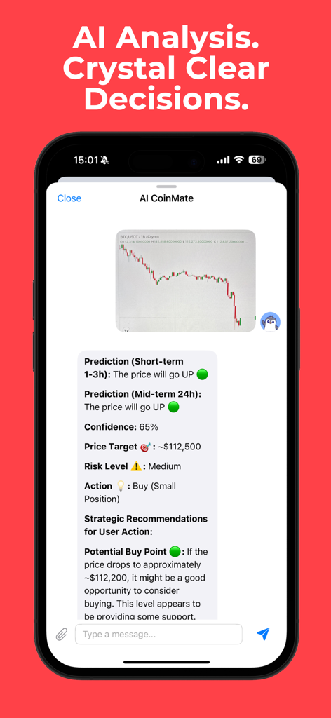 AI Crypto Scanner - CoinLens - Interface do aplicativo CoinMate exibindo análise de gráficos cripto impulsionada por IA e previsões de preços.