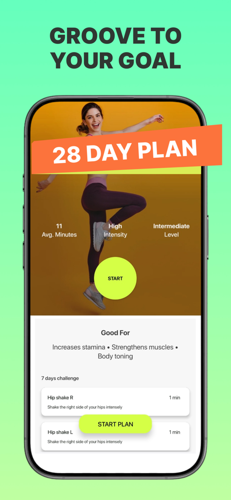 Dance Fitness - Weight Loss - Smartphone screen displaying a 28 day dance workout plan for weight loss