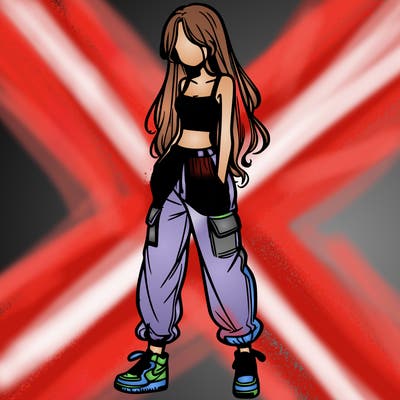 girl in baggy pants crop top and long hair