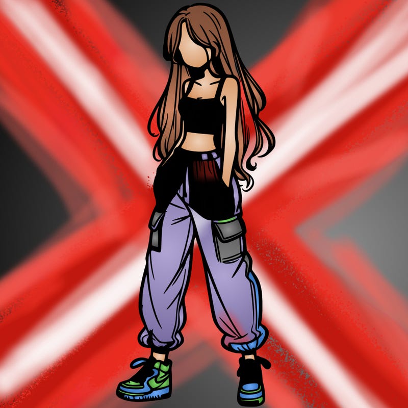 girl in baggy pants crop top and long hair