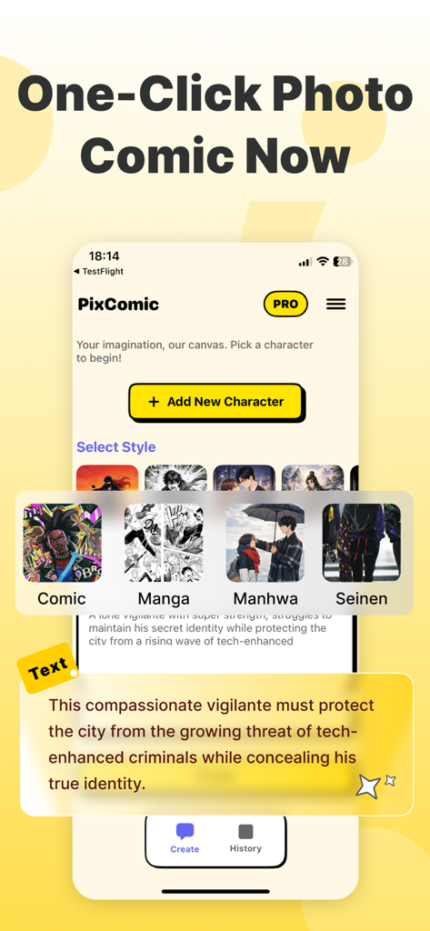 PixComic – AI Comic Generator - PixComicアプリのインターフェース。AIキャラクター作成と、マンガやマンファなどの様々なコミックスタイルが表示されています。