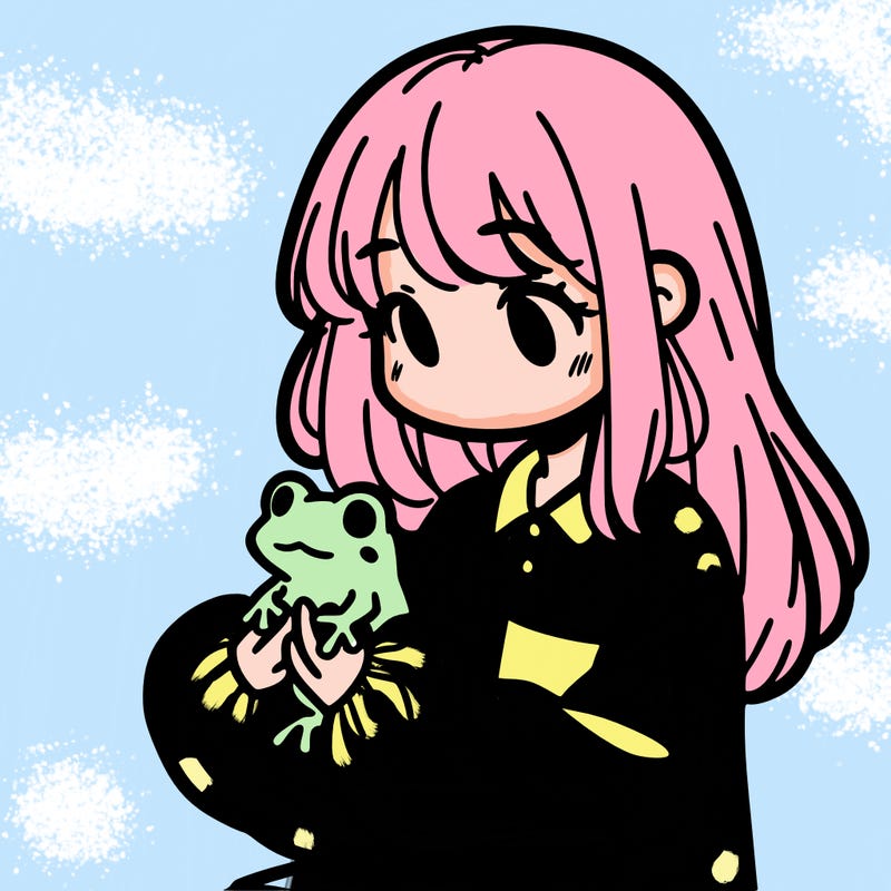 girl with long hair and a oversized shirt. and she is holding a frog