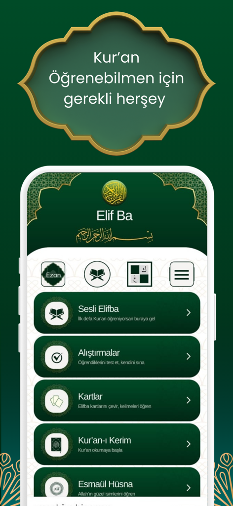 Elif ba - Kur'an Öğreniyorum - The home screen of the Elif Ba Quran learning app featuring educational modules like audio lessons and exercises.