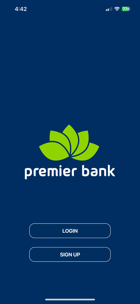 Pantalla de bienvenida de la aplicación Premier Wear con botones de inicio de sesión y registro