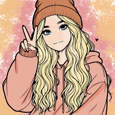 a teenage girl in a beanie, oversized sweatshirt, wavy long hair, and is showing a ✌️