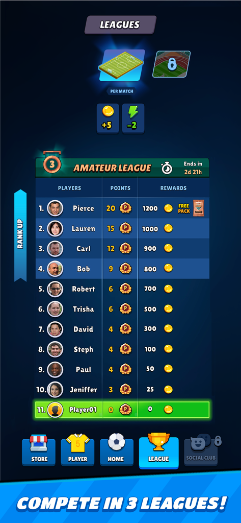 Football Clash - Mobile Soccer - Football Clash Amateur League leaderboard showing player rankings and rewards