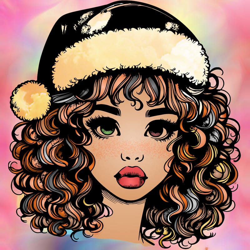 realistic girl with a santa hat curly hair and lips