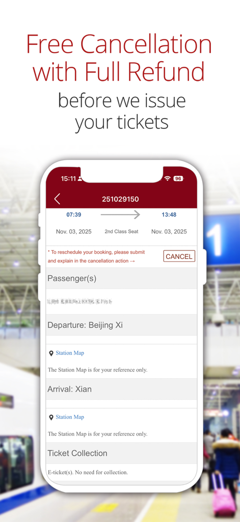 China Train Booking app interface showing free cancellation and full refund policy for a train trip from Beijing to Xian