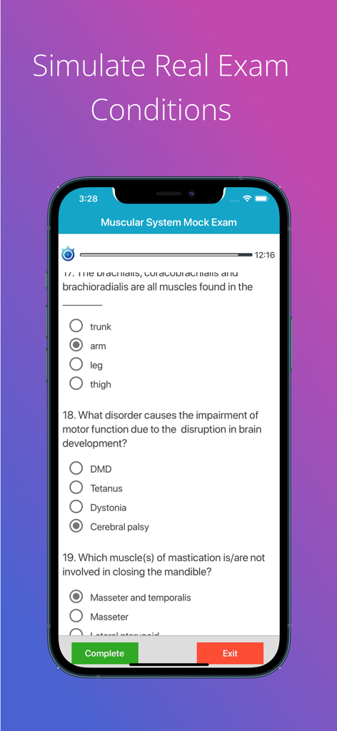 A mobile app interface showing a muscular system mock exam with multiple choice questions and a timer.