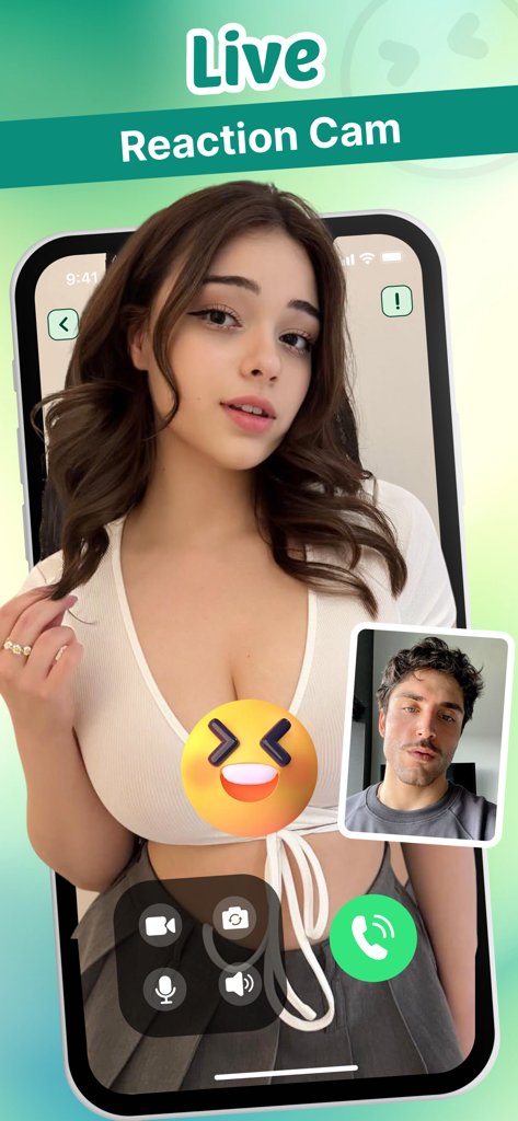 Nosia - Voice Chat，Online Chat - User interface of the Nosia app showing a live video chat session with the reaction cam feature.