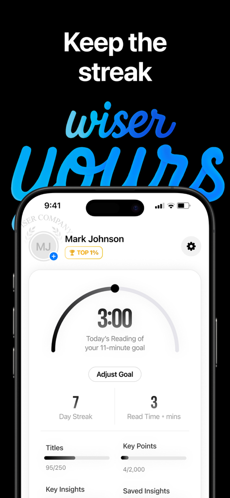 User profile dashboard in Wiser app showing reading streak and daily goals progress