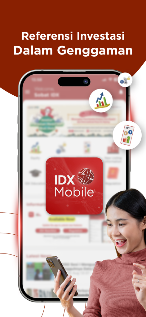 New IDX Mobile - A woman holding a smartphone displaying the New IDX Mobile app for the Indonesia Stock Exchange