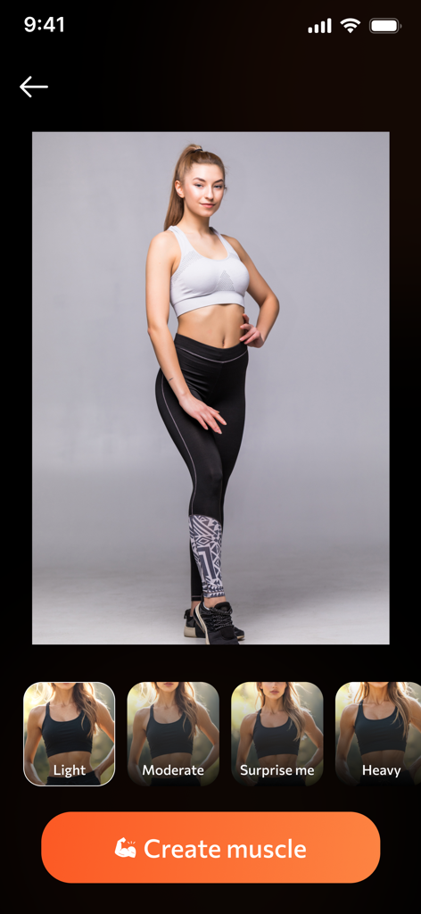 Ai Muscle Body Editor - Mobile app interface of AI Muscle Body Editor showing a woman in athletic wear and selection buttons for light moderate and heavy muscle intensity