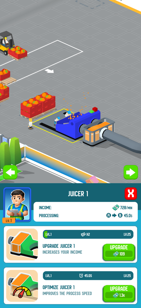 Soda Inc: Idle Tycoon - Menu do jogo para atualizar e otimizar a máquina de suco no Soda Inc Idle Tycoon.