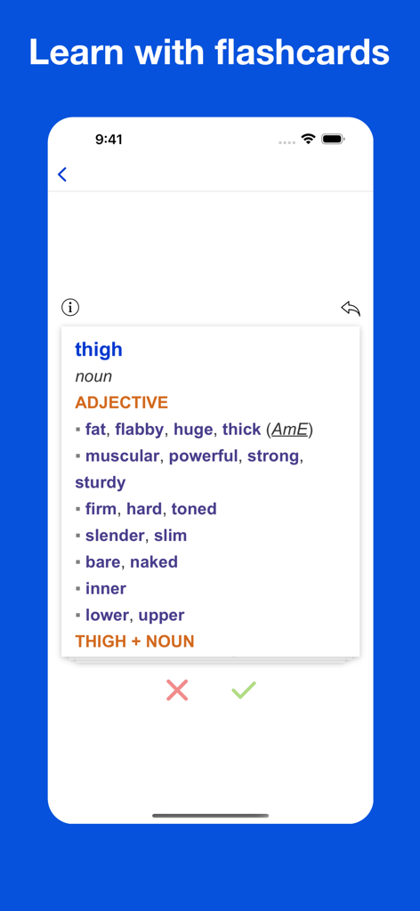English collocation dictionary app showing a flashcard for the word thigh with associated adjectives