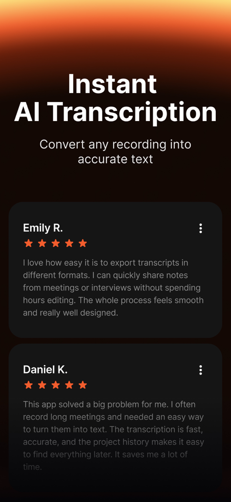 Whisper AI | Voice to Text - App screenshot showing positive user reviews and testimonials for Whisper AI transcription service with five star ratings.