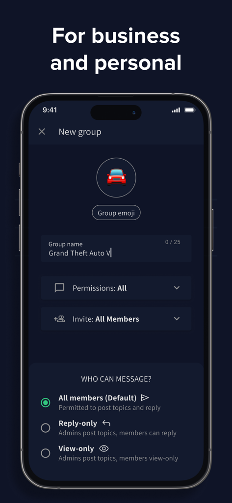 Loop Messenger - Interface for creating a new group in Loop Messenger with options to set who can message and reply