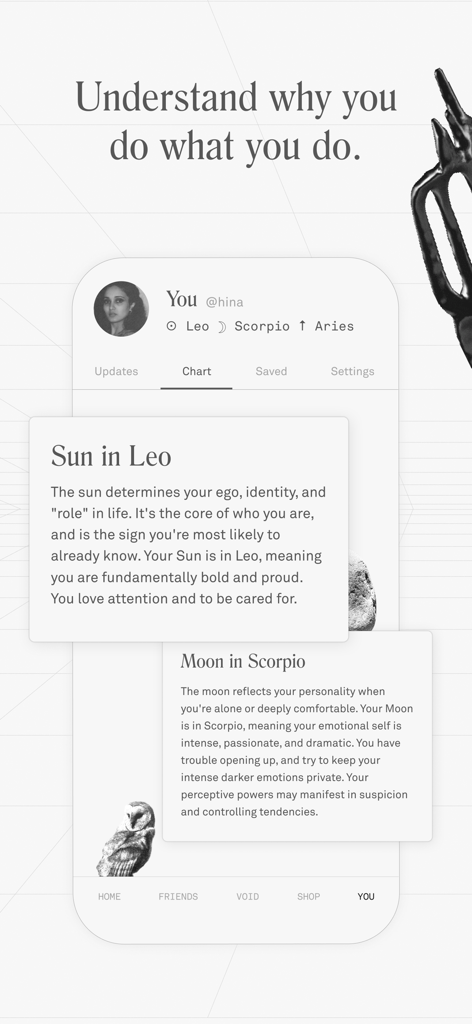 Interface de l'application Co-Star montrant un profil astrologique personnalisé avec des descriptions de Soleil en Lion et Lune en Scorpion.