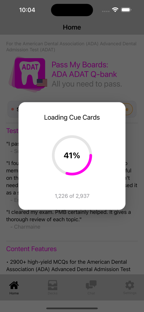 L'app mobile ADA ADAT Q-Bank che mostra una schermata di caricamento per le flashcard di studio.
