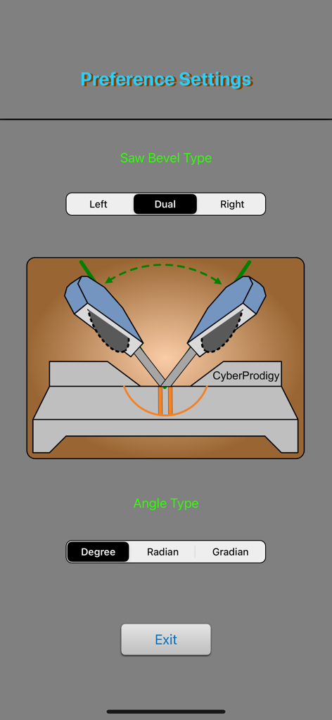 Crown Calc Elite 앱의 환경 설정 화면에서 톱 베벨 유형 및 각도 유형 옵션을 보여줍니다.