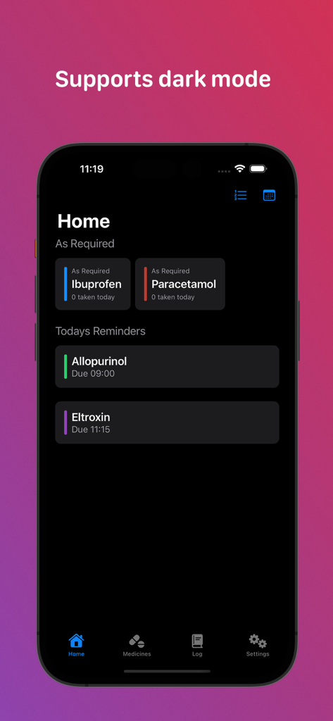 Medication tracker & reminders - Captura de tela do iPhone da tela inicial do aplicativo de rastreamento de medicação em modo escuro exibindo lembretes diários de pílulas e medicamentos sob demanda.