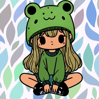 a girl wearing a frog hat and some frog socks